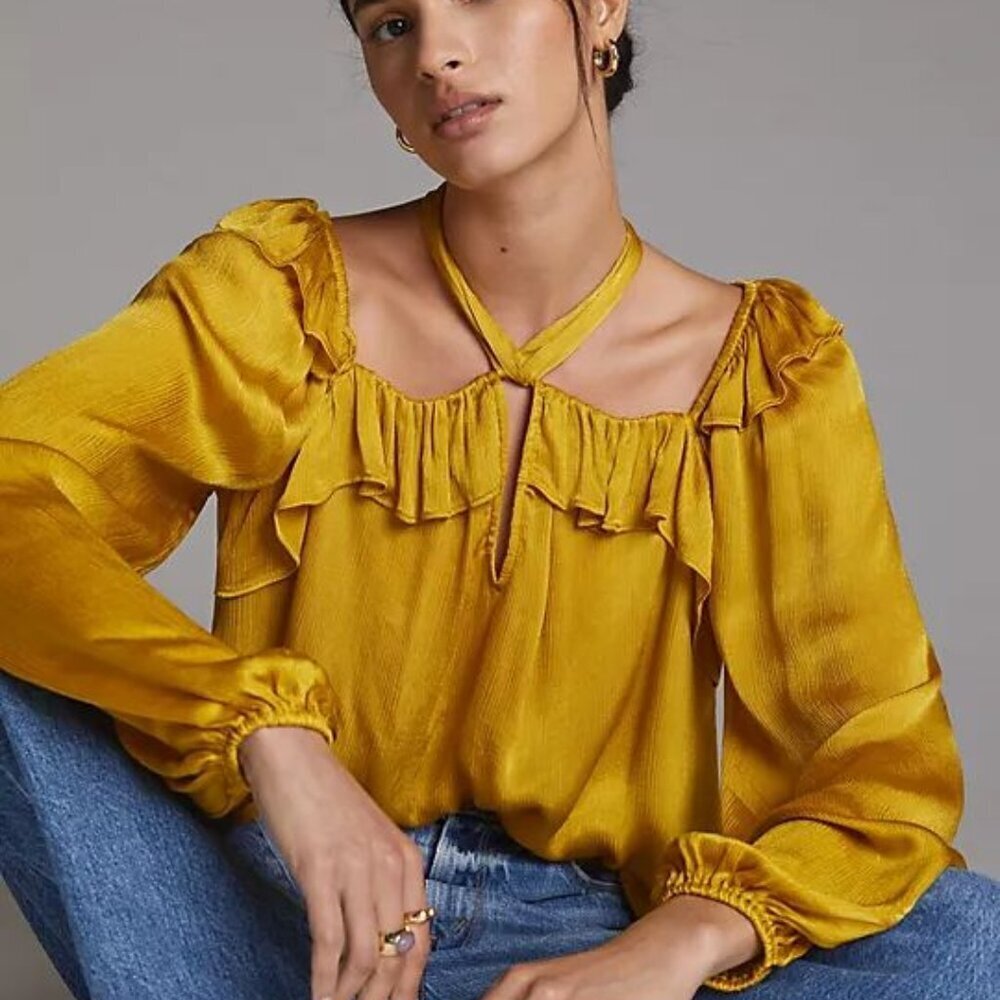 Anthropologie Golden Open-Shoulder Puff Sleeve Blouse Size Medium 51930